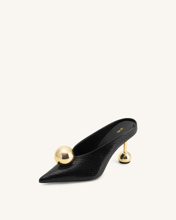 Sofia Angled Vamp Snakeskin Heel Mules - Black