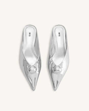 Helena Sphere Embellished Pointed Toe Mules - Silver