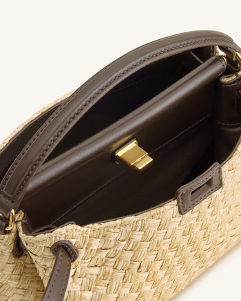 Carmen Faux Straw Top Handle Bag - Brown
