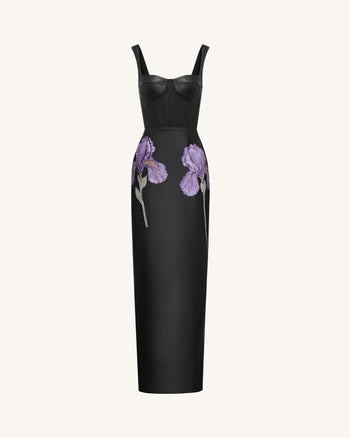 Iris Floral-Print Strappy Corset Leather Maxi Dress - Black