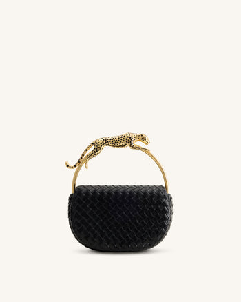 Ione Leopard Shaped Hardware Handle Woven Top Handle Bag - Black