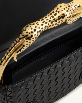 Ione Leopard Shaped Hardware Handle Woven Top Handle Bag - Black