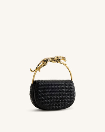 Ione Leopard Shaped Hardware Handle Woven Top Handle Bag - Black