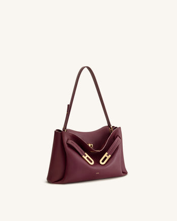 Rhea Pebbled Double Buckle Shoulder Bag - Dark Burgundy