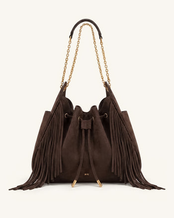 Rowan Faux Suede Tassel Ruched Drawstring Chain Bucket Bag - Amber Brown