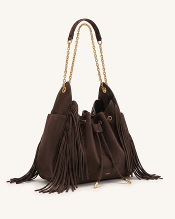 Rowan Faux Suede Tassel Ruched Drawstring Chain Bucket Bag - Amber Brown