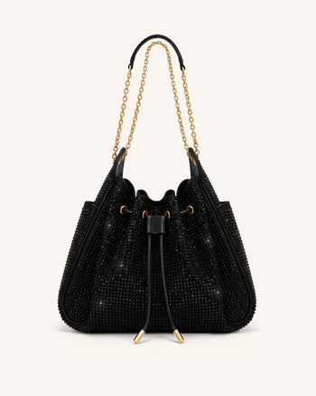 Rowan Artificial Crystal Ruched Drawstring Chain Bucket Bag - Obsidian