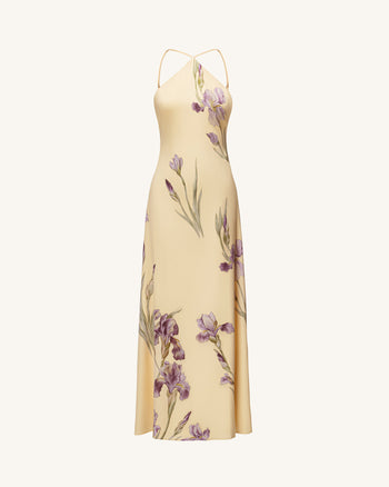 Iris Print Cross-Halter Open-Back Maxi Dress - Yellow