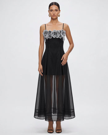Floral Embroidered Sheer Layered Maxi Dress - Black