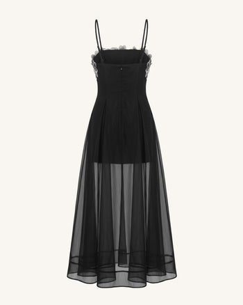 Floral Embroidered Sheer Layered Maxi Dress - Black