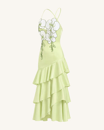 Orchid Embellished Ruffle Midi Dress - Light Green