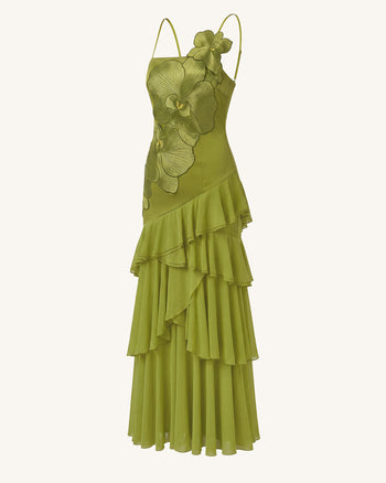 Orchid Embroidered Ruffled One-Shoulder Maxi Dress - Olive Green