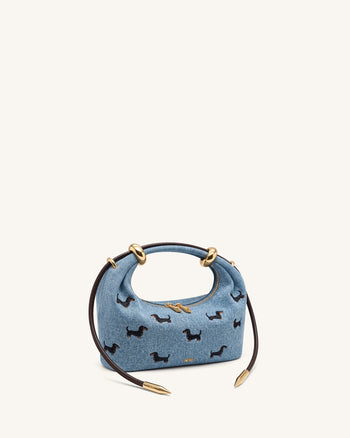 Ellie Embroidery Metal Ring Embellished Top Handle Bag - Vintage Blue Denim