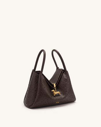 Maelle Faux Ostrich Grain Dachshund Charm Double Handle Bag - Dark Brown