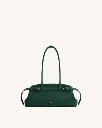 Arden Faux Suede Belt Detail East-West Shoulder Bag - Dark Green