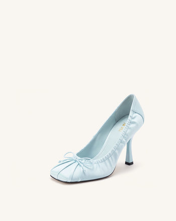 Solenne Satin Bow Ruched Pumps - Blue