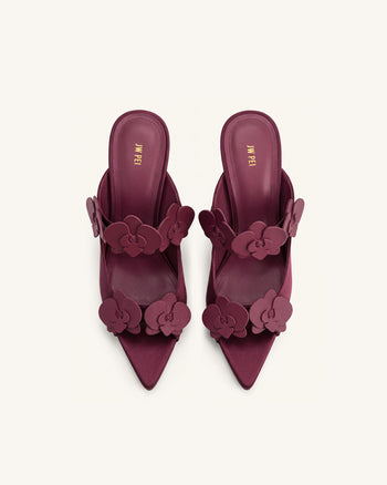 Rosalie Orchid Appliqué Sphere Heel Mules - Burgundy