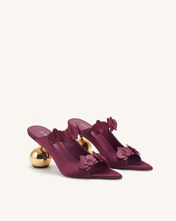 Rosalie Orchid Appliqué Sphere Heel Mules - Burgundy