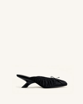Solenne Satin Bow Ruched Mules - Black