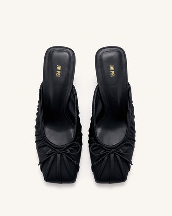 Solenne Satin Bow Ruched Mules - Black
