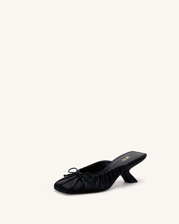 Solenne Satin Bow Ruched Mules - Black