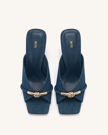 Lena Metal Rope Knot Denim Cross-Strap Heeled Sandals - Denim Blue