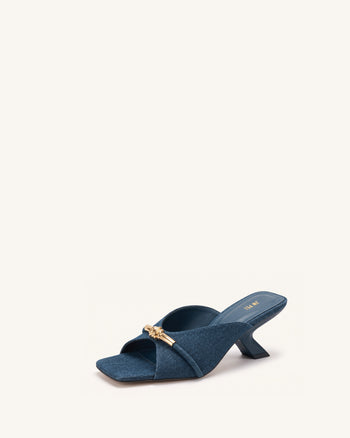 Lena Metal Rope Knot Denim Cross-Strap Heeled Sandals - Denim Blue