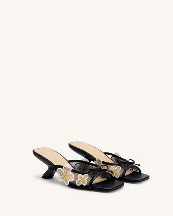 Mireille Bow Floral Embroidered Appliqué Mesh Heeled Sandals - Black