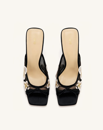 Mireille Bow Floral Embroidered Appliqué Mesh Heeled Sandals - Black