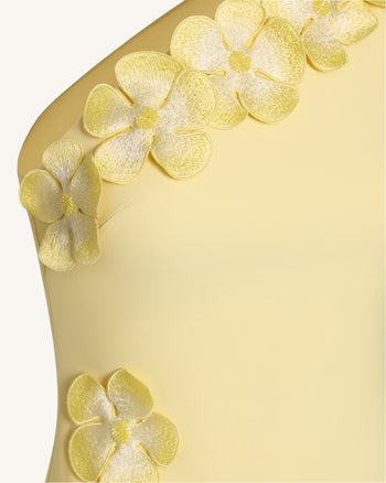 Floral Appliqué One Shoulder Ruffle Slit  Dress - Yellow