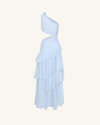 One Shoulder Cutout Ruffle Chiffon Maxi Dress - Blue