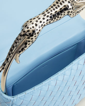 Ione Woven Leopard Shaped Top Handle Bag - Light Blue