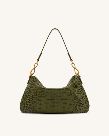 Jayla Metal Pendant Embellished Shoulder Bag - Green Croc