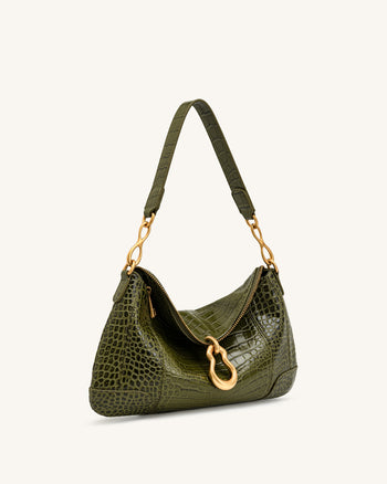 Jayla Metal Pendant Embellished Shoulder Bag - Green Croc