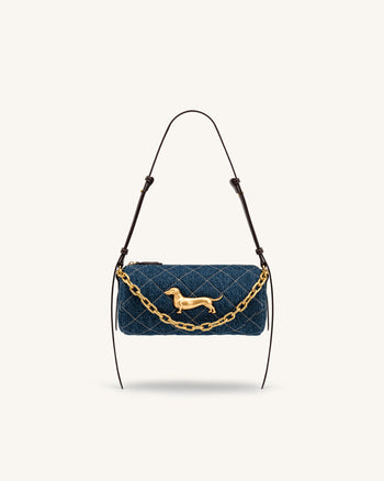 Lucienne Dachshund Quilted Chain Shoulder Bag - Blue Denim