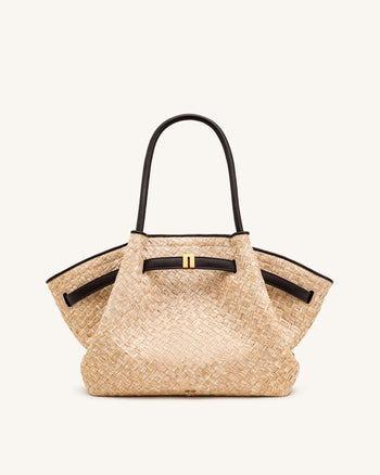 Hana Medium Faux Straw Tote Bag - Brown