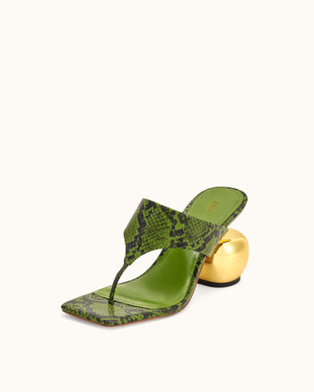 Naomi Snakeskin Heeled Flip Flops - Green