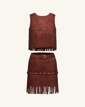 Western-Style Sueded Fringe Skirt - Burgundy