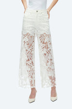 Embroidery High Rise Wide Leg Lace Denim Jeans With Rhinestone - White
