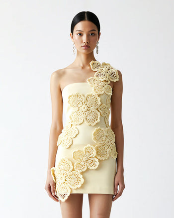 Crochet Floral Appliqué Mini Dress - Yellow