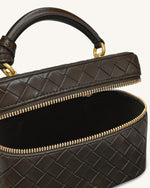 Cleo Woven Texture Box Shape Top Handle Bag - Dark Brown