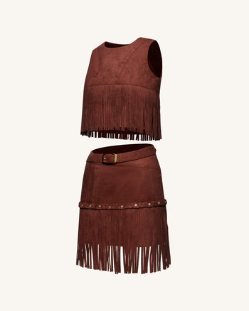 Western-Style Sueded Fringe Skirt - Burgundy