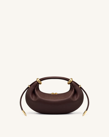 Ellie Metal Ring Embellished Crescent Top Handle Bag - Dark Brown