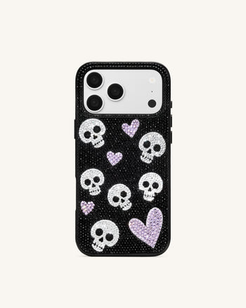 Skull And Heart Rhinestone Phone Case - Black