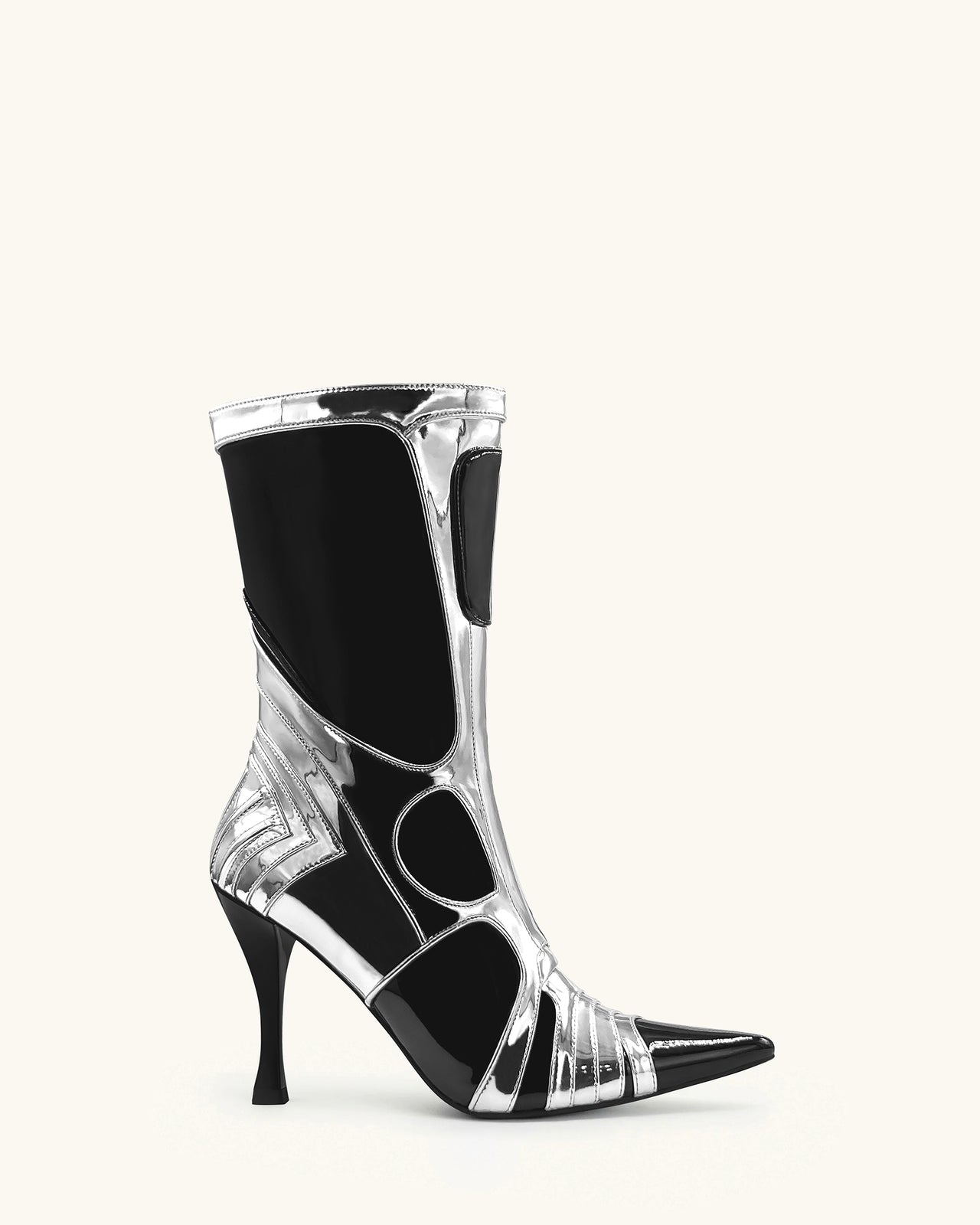 Odette Futuristic Heeled Bike Ankle Boots - Silver&Black