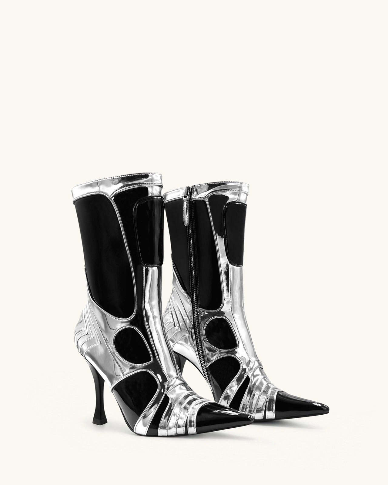 Odette Futuristic Heeled Bike Ankle Boots - Silver&Black