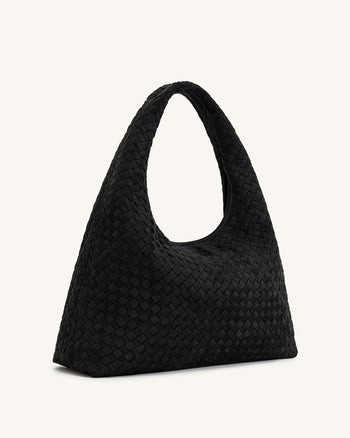 Laura Faux Suede Woven Shoulder Bag - Black