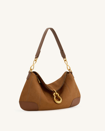 Jayla Faux Suede Metal Pendant Embellished Shoulder Bag - Brown