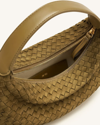 Nola Faux Suede Woven Crescent Shoulder Bag - Olive Green
