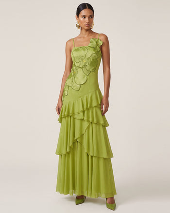 Orchid Embroidered Ruffled One-Shoulder Maxi Dress - Olive Green